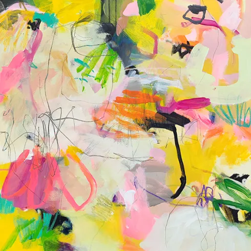 Eine abstrakte Malerei mit fließenden Mustern in Orange, Schwarz und Weiß. Die Farben verlaufen harmonisch ineinander und schaffen eine lebendige Textur.