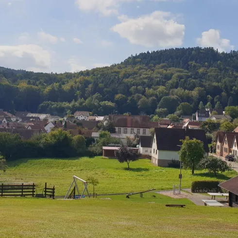 Eine malerische Landschaft mit sanften Hügeln und einem kleinen Dorf. Im Vordergrund sind Wiesen und einige Gebäude zu sehen.