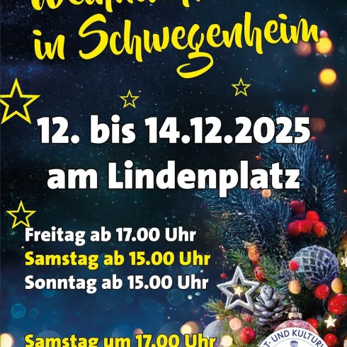 Ein weihnachtlicher Markt in Schwiegenheim findet vom 12. bis 14. Dezember 2025 am Lindenplatz statt. Es gibt festliche Dekorationen und Informationen zu den Öffnungszeiten.