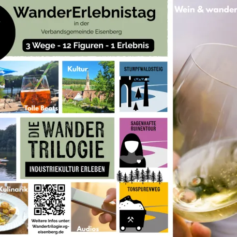 Ein Werbeplakat für den WanderErlebnistag in der Verbandsgemeinde Eisenberg. Es zeigt verschiedene Aktivitäten wie Wandern, Kulinarik und Kultur, sowie das Datum und die Veranstaltungsdetails.