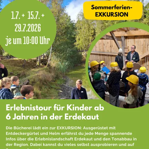 Ein spannendes Abenteuer für Kinder ab 6 Jahren in der Erdekaut. Die Exkursion bietet interessante Einblicke in die Erlebnislandschaft und den Tonabbau.