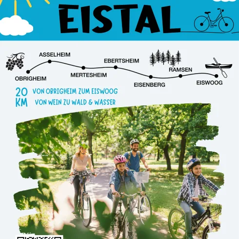 Ein Werbeplakat für die Veranstaltung "Autofreies Eistal" zeigt aktive Menschen auf Fahrrädern in einer Naturumgebung. Es enthält Informationen zu Beginn und Endpunkt der Veranstaltung sowie das Datum und die Uhrzeit.