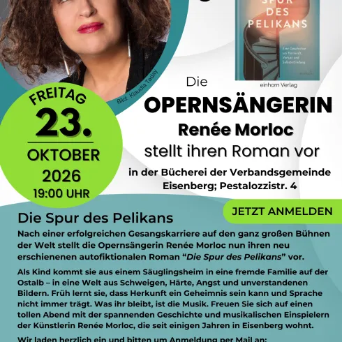 Eine Autorin stellt ihren Roman in einer Bücherei vor. Die Veranstaltung findet am 23. Oktober 2026 um 19 Uhr statt.