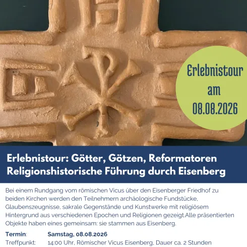 Ein Informationsplakat für eine historische Führung durch Eisenberg. Es zeigt Details zur Tour, einschließlich Termin, Treffpunkt und Anmeldemöglichkeiten.