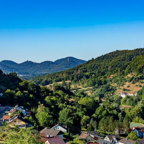 Eine malerische Landschaft mit sanften Hügeln und grünen Wäldern. Im Vordergrund sind kleine Häuser in einem ruhigen Dorf zu sehen.