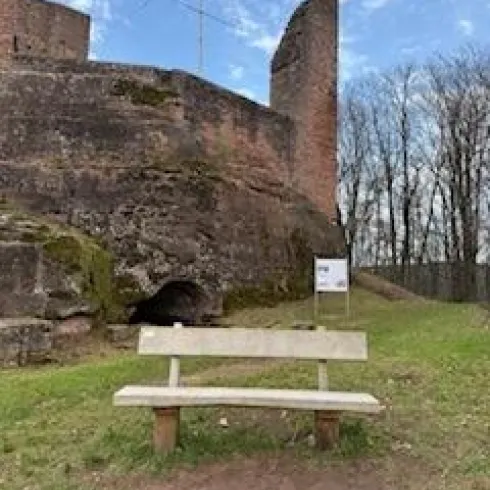 Eine Holzbank steht auf einer Wiese vor einer alten Burgruine. Im Hintergrund sind Bäume und ein blauer Himmel zu sehen.