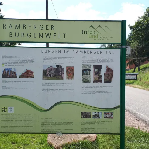 Ein Informationsschild über die Ramberger Burgenwelt. Es zeigt historische Burgen und deren Bedeutung im Ramberger Tal.