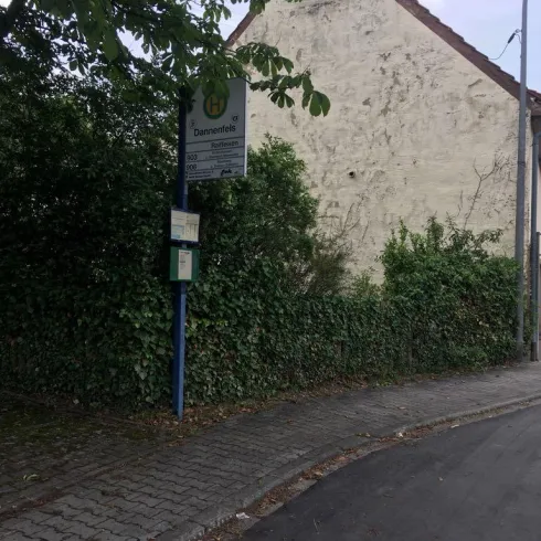 Eine ruhige Straßenecke mit einem hohen, grünen Hecken und einem kleinen Schild. Im Hintergrund ist die hellverputzte Wand eines Hauses sichtbar.