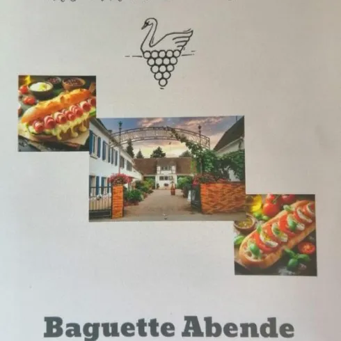 Ein einladendes Plakat für Baguette-Abende im alten Schwannen Gutshof. Es zeigt leckere Gerichte und eine schöne Außenansicht des Gutshofs.