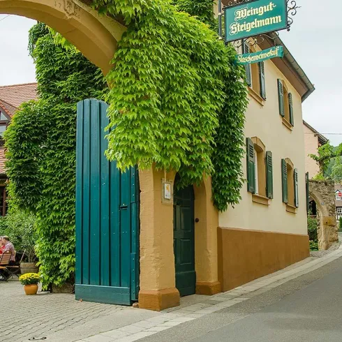 Eine malerische Straße mit Gebäuden und vielen Pflanzen. Im Hintergrund sitzen Menschen an einem Tisch und genießen die Atmosphäre.