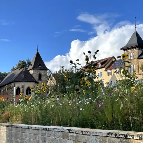 Eine malerische Szenerie mit einer Kirche im Hintergrund und blühenden Sonnenblumen im Vordergrund. Der Himmel ist blau mit einigen Wolken.