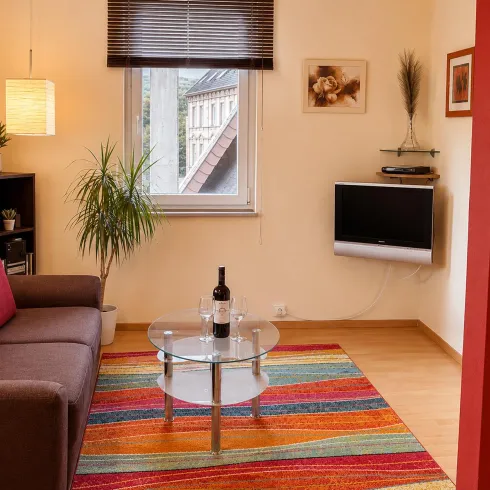 Ein gemütliches Wohnzimmer mit einem braunen Sofa und einem bunten Teppich. In der Mitte steht ein Glastisch mit einer Flasche Wein.