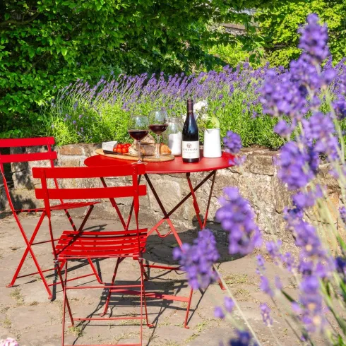 Ein roter Tisch mit Stühlen steht in einem Garten, umgeben von lila Lavendel. Auf dem Tisch sind Wein und Snacks dekoriert.