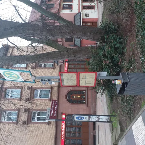 Eine Haltestelle mit einem Informationsschild und einem Mülleimer. Im Hintergrund sind mehrere Gebäude und ein Baum zu sehen.