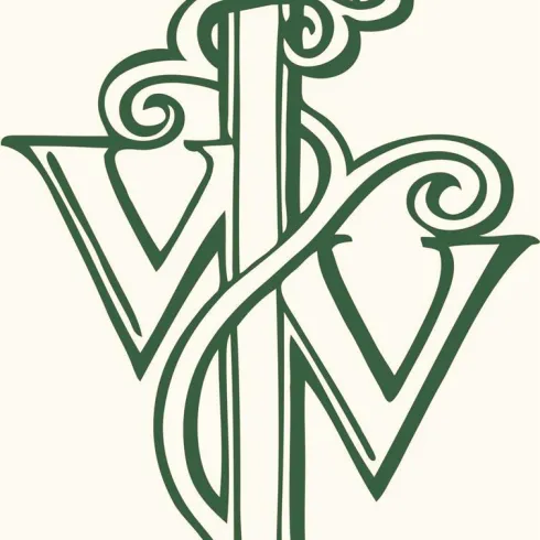Ein stilisiertes Logo mit den Buchstaben W und V, kunstvoll miteinander verwoben. Die Farben sind grün und weiß, was dem Design einen eleganten Look verleiht.
