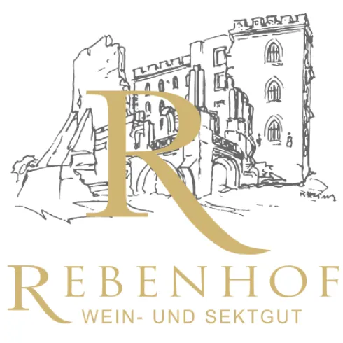 Ein stilisiertes Logo des Weinguts Rebenhof. Es zeigt eine Ruine und den Schriftzug "Rebenhof Wein- und Sektgut".