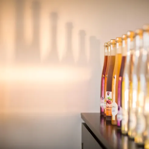 Eine Reihe von Flaschen mit Getränken steht auf einem Tisch. Die Flaschen werfen interessante Schatten auf die Wand.