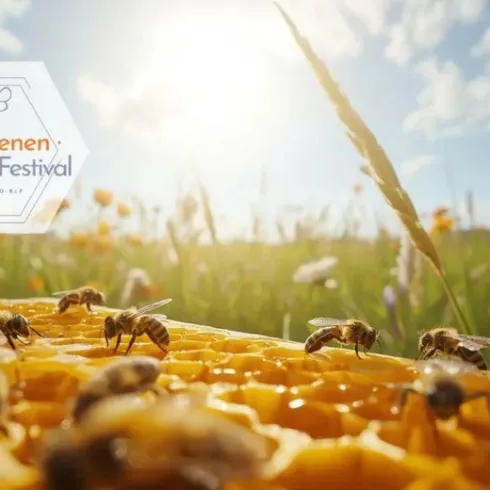 Eine sonnige Wiese mit Blumen und Bienen, die auf einer Honigwabe landen. Im Hintergrund ist ein klarer Himmel zu sehen.