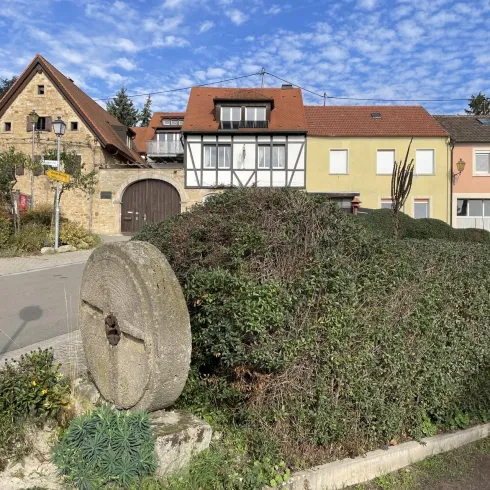 Ein traditionelles Gebäude aus Fachwerk steht neben modernen Häusern in bunten Farben. Im Vordergrund liegt ein großer Stein, umgeben von grünen Sträuchern.