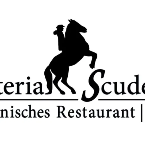 Ein Logo für das italienische Restaurant „Osteria Scuderia“. Es zeigt einen stilisierten Pferdekopf und den Schriftzug in eleganter Schrift.
