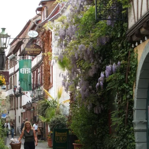 Eine malerische Gasse mit historischen Gebäuden und blühenden Pflanzen. Eine Frau mit einem Fahrrad geht den Weg entlang.