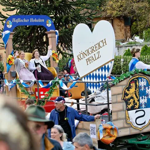 Ein großer, bunter Schweinewagen fährt während eines Festumzugs. Um ihn herum stehen viele Menschen und feiern.