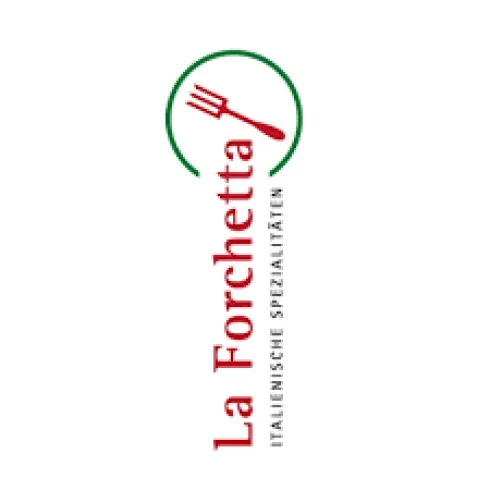 Ein Logo von "La Forchetta" mit dem Schriftzug und einem Gabelsymbol. Das Logo repräsentiert italienische Spezialitäten.