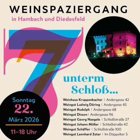 Ein Event-Poster für den Weinsparziergang in Hambach und Diedesfeld. Es zeigt den Veranstaltungstermin und die teilnehmenden Weingüter unter einem farbenfrohen Hintergrund.