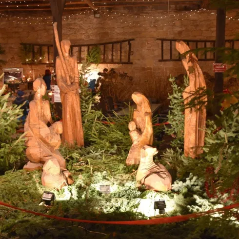 Eine Krippe mit Holzschnitzereien in einer festlich dekorierten Umgebung. Umgeben von Tannen und sanftem Licht vermittelt die Szene eine warme, weihnachtliche Atmosphäre.