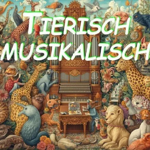 Ein buntes Bild mit vielen Tieren und einem großen Orgel in der Mitte. Die Tiere sind um die Orgel herum angeordnet und wirken fröhlich und lebhaft.