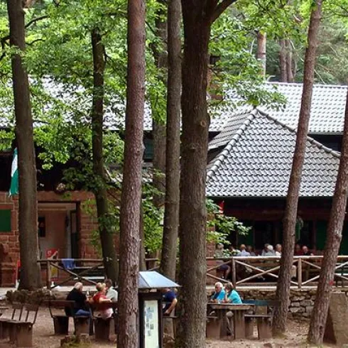 Ein gemütliches Gebäude im Wald, umgeben von hohen Bäumen. Menschen sitzen an Tischen und genießen die Natur.