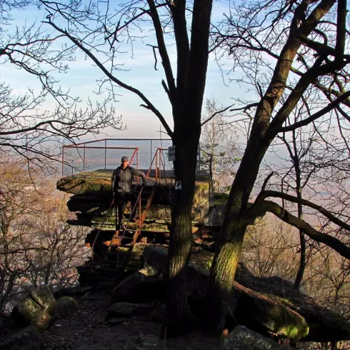 Ein Aussichtspunkt in der Natur mit einem Mann, der auf einem Felsen steht. Im Hintergrund sind Bäume und ein klarer Himmel sichtbar.