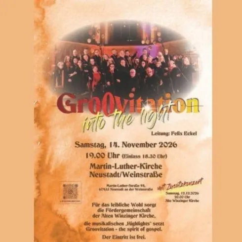 Ein Plakat für ein Konzert mit dem Titel „Gro0ovitation into the light“. Es findet am 14. November 2026 in der Martin-Luther-Kirche statt.