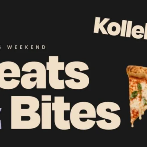 Ein modernes Grafikdesign mit dem Text "Kollektiv 100" und "Beats & Bites". Eine Hand hält ein Stück Pizza, was auf ein kulinarisches Event hinweist.