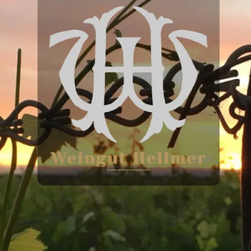 Ein Weinberg bei Sonnenuntergang mit einem Blick auf die Natur. Das Logo von Weingut Hellmer ist im Vordergrund sichtbar.