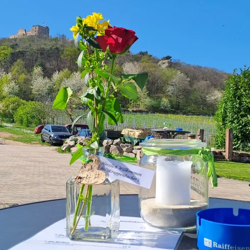 Ein schöner Tisch im Freien mit einer Vase voller Blumen und einer Kerze. Im Hintergrund der Schlossberg und das Hambacher Schloss inmitten einer grüne Landschaft zu sehen.