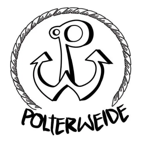 Ein einfaches Logo mit einem Anker und einem Seil. Der Schriftzug "POLTERWEIDE" steht darunter.