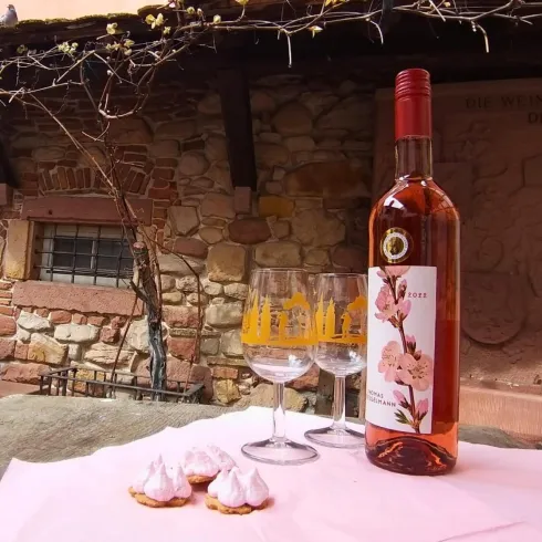 Ein Flasche Roséwein steht auf einem Tisch mit zwei Gläsern. Daneben liegen kleine süße Kekse auf einer rosa Serviette vor einer steinernen Wand.