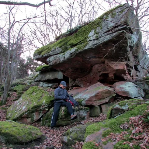 Eine Person sitzt an einem großen, moosbedeckten Stein in einem Wald. Im Hintergrund sind Bäume und Felsen sichtbar.