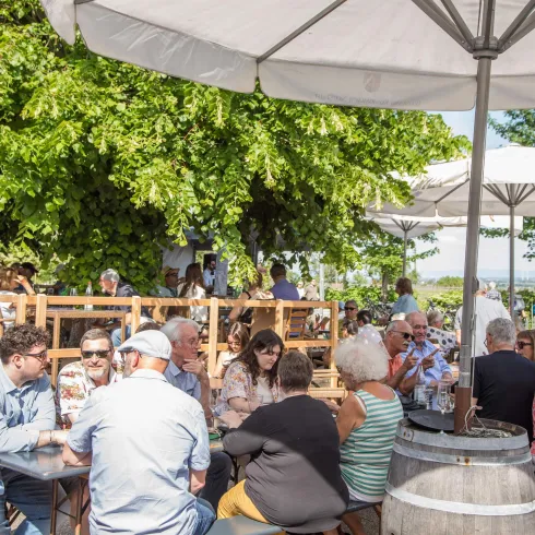 Ein belebtes Café im Freien mit vielen Gästen unter Sonnenschirmen. Die Atmosphäre ist entspannt und einladend, umgeben von Bäumen.