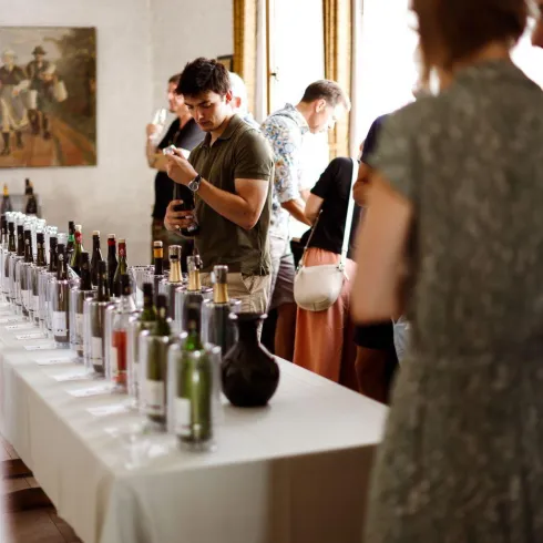 Eine Gruppe von Menschen, die an einem Tisch mit vielen Weinflaschen steht. Sie scheinen an einer Weinprobe teilzunehmen und genießen die Atmosphäre.