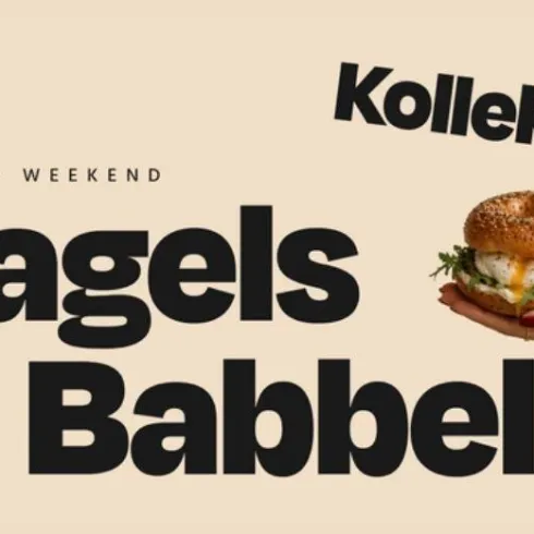 Ein Werbeplakat für die Eröffnung eines neuen Lokals mit dem Namen "Kollektiv 100". Es zeigt einen handgehaltenen Bagel mit frischen Zutaten und den Text "Bagels & Babbeln".