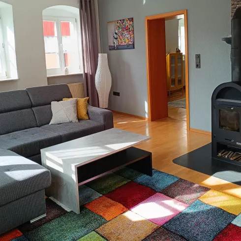 Ein modernes Wohnzimmer mit einem grauen Sofa und einem bunten Teppich. Der Raum ist hell und einladend, mit einem Holzofen in der Ecke.