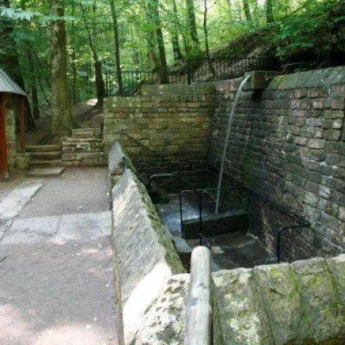 Ein ruhiger Waldweg mit einem Steingraben und einem Wasserlauf. Im Hintergrund ist ein Holzgebäude zu sehen.