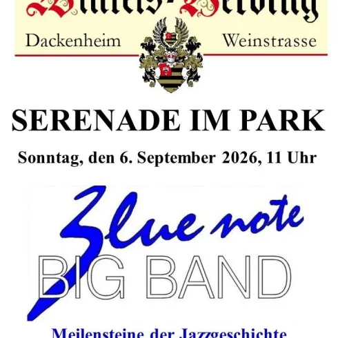 Plakat mit Programm - Blue Note BIG BAND - Meilensteine der Jazzgeschichte und anschließender Wanderung rund um Weingut mit allen Informationen.