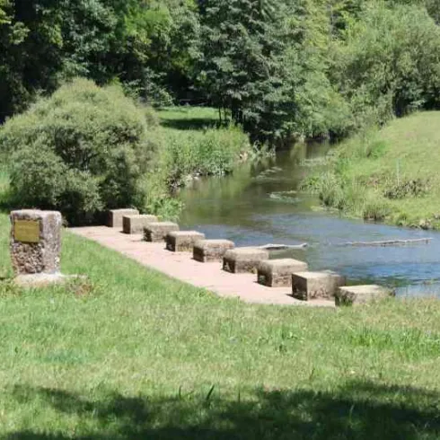 Eine ruhige Landschaft mit einem kleinen Bach und einer grünen Wiese. Steingestützte Stufen führen zur Wasseroberfläche.