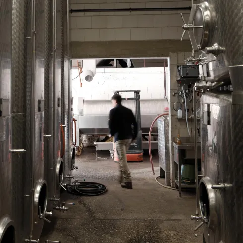 Ein Kellerrraum mit großen silbernen Weinbehältern und einem Mann, der hindurchgeht. Das Licht kommt von einem Eingang am Ende des Raums.