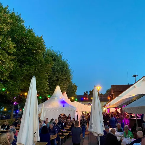 Ein festlicher Außenbereich mit vielen Menschen und bunten Lichtern. Zelte und Tische laden zum Verweilen ein, umgeben von Bäumen bei Abenddämmerung.