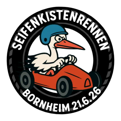 Ein lustiges Logo für ein Seifenkistenrennen. Es zeigt einen Storch in einem roten Auto mit einem blauen Helm.