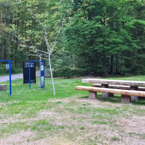 Ein gemütlicher Rastplatz im Wald mit einem Holzpavillon und einer Bank. Informationsschilder stehen in der Nähe.
